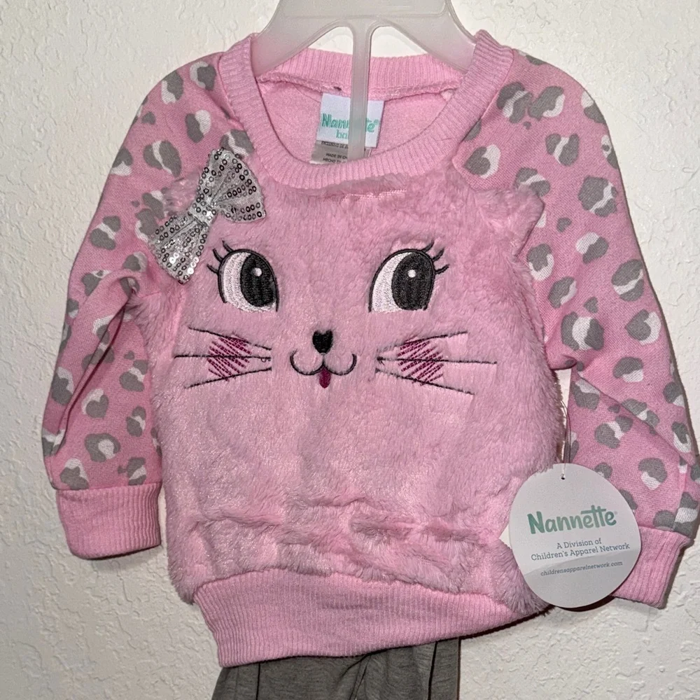 Nannette Pink Cat Face Sweater with Gray‎ Accents